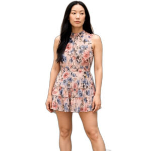 Everlily High Neck Sleeveless Blush Floral Chiffon Tiered Ruffle Dress Size XXL